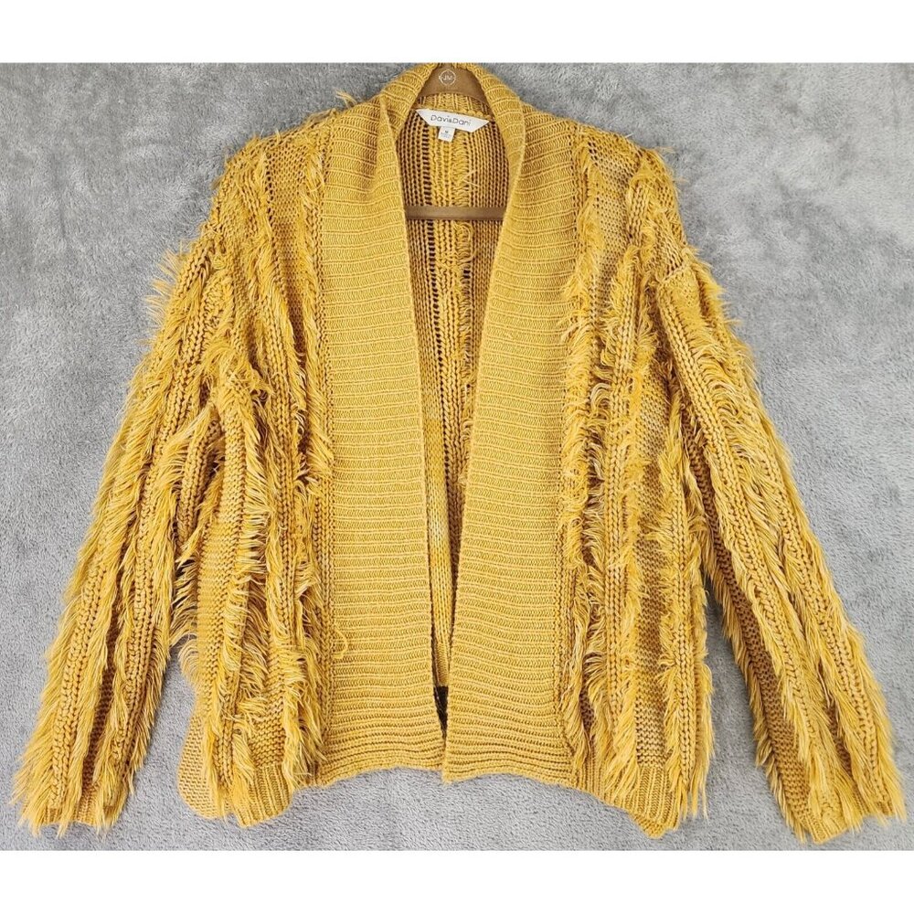 Davi & Dani Cardigan Womens Medium Yellow Fringed Long Sleeve Open Front Sweater
